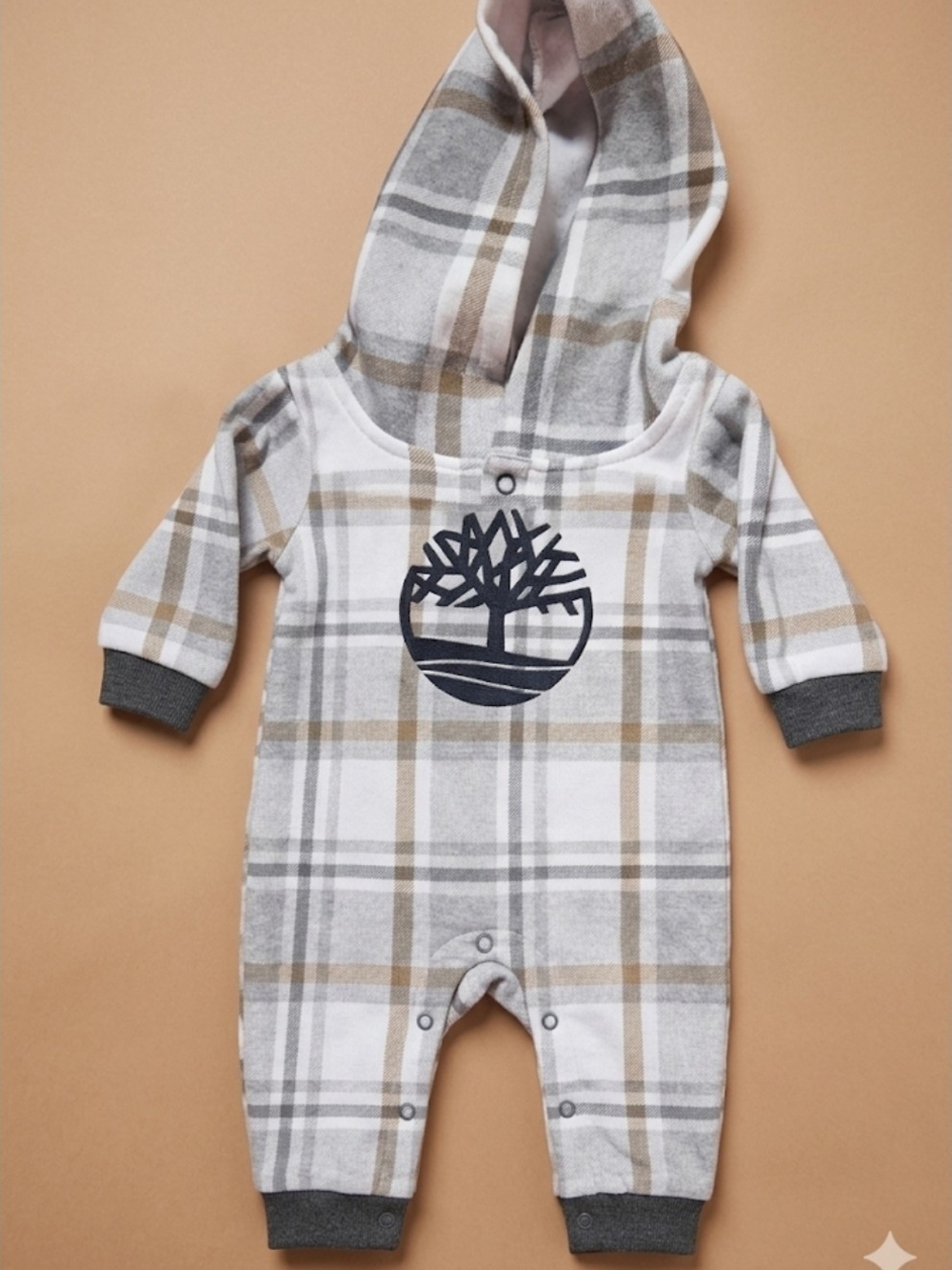 Timberland Plaid Baby Fleece Hooded Romper 6-9mos EUC